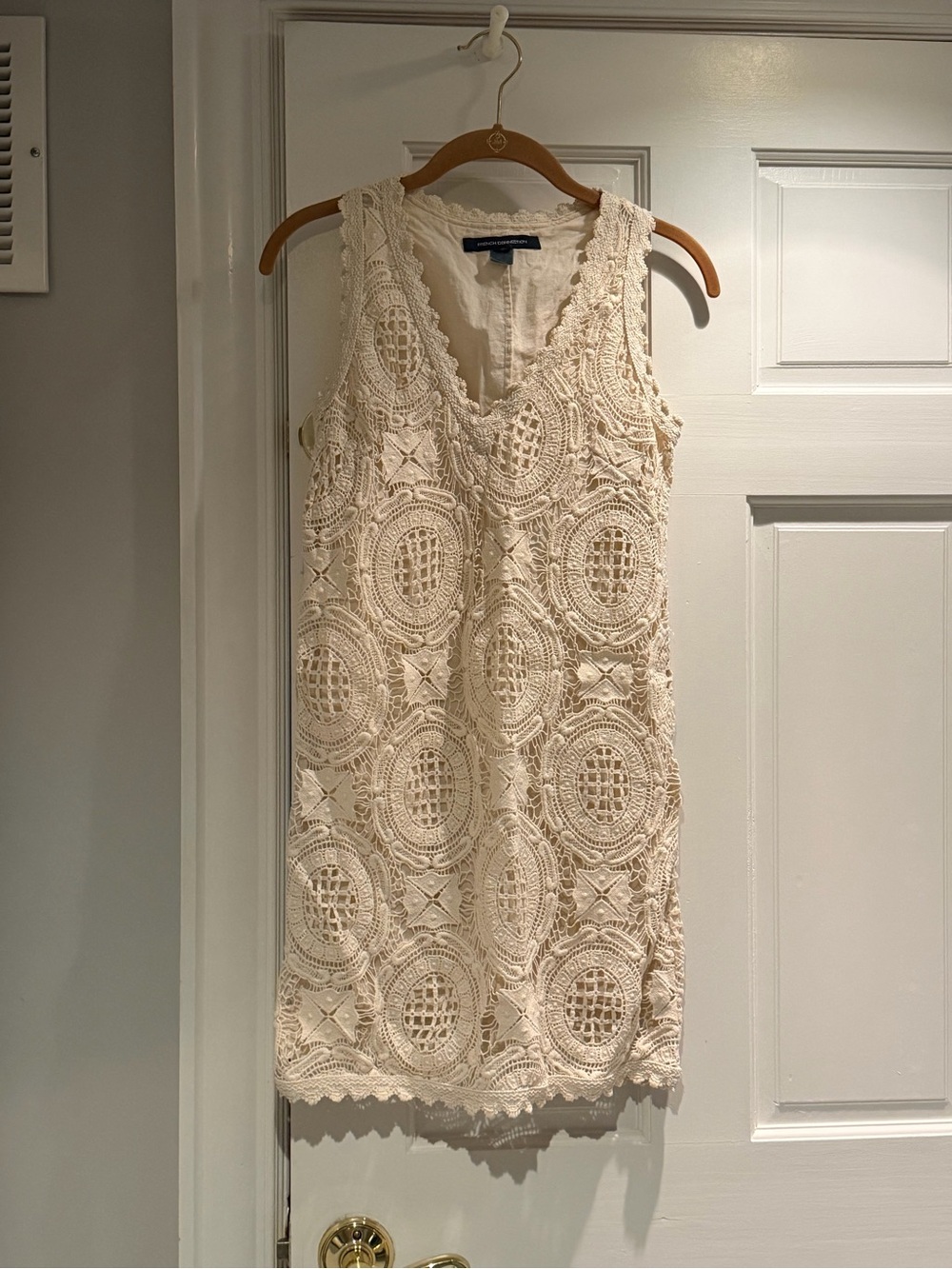 French Connection Cream Crochet V-Neck Shift Dress